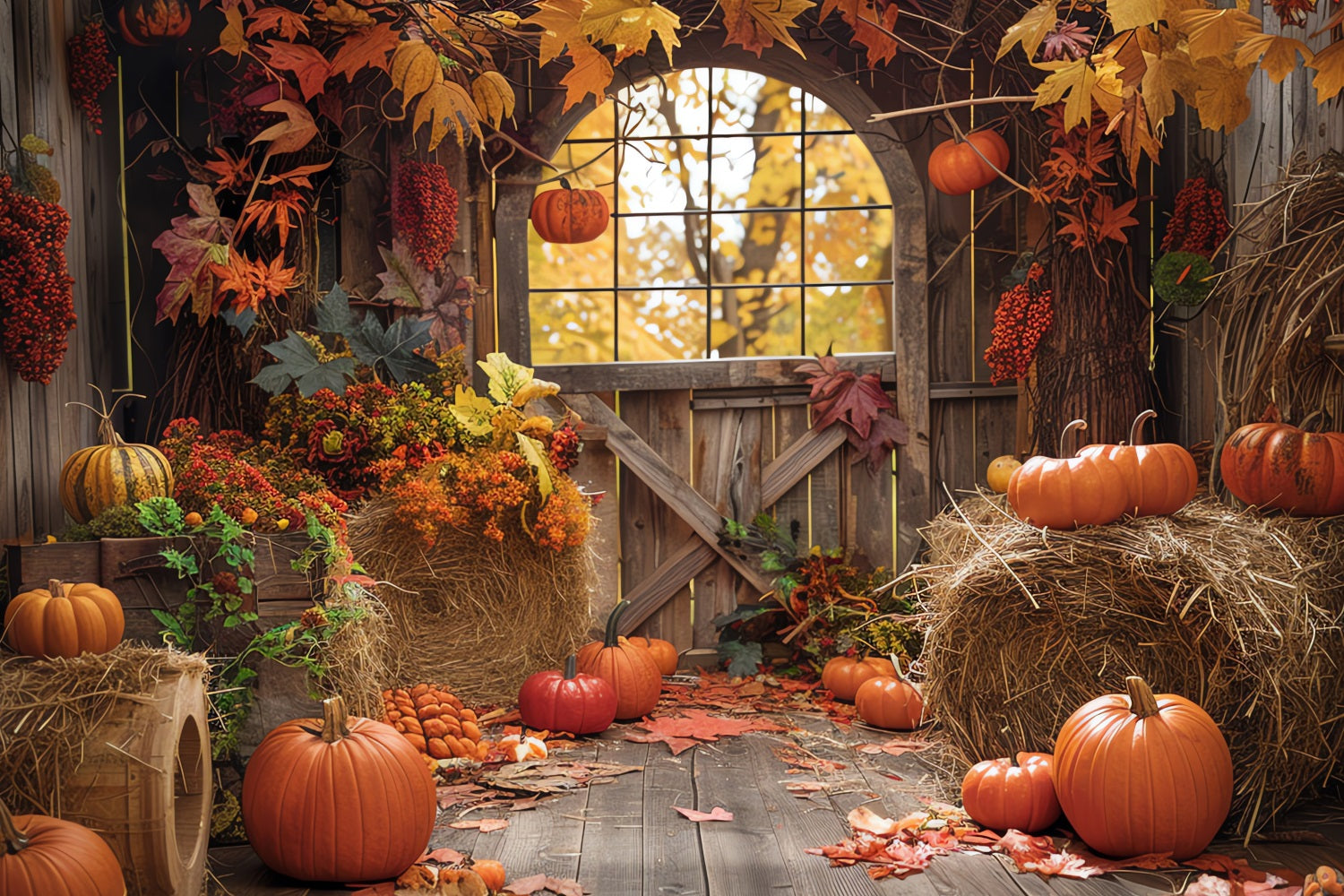 Rustic Fall Backdrop Barn Haystack Pumpkins Backdrop UK BRP10-255