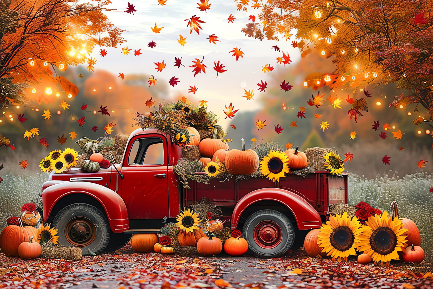 Autumn Backdrop Red Truck Sunflowers Pumpkins Backdrop UK BRP10-256