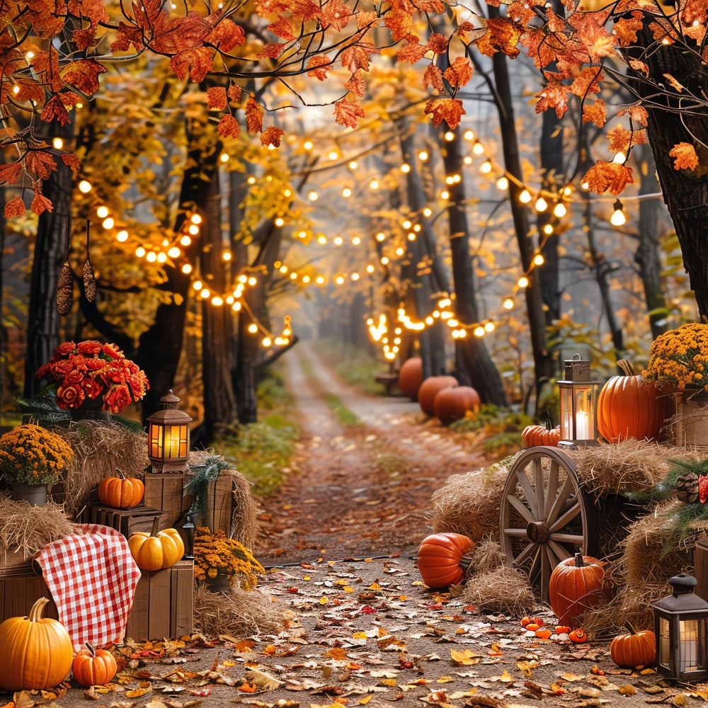 Autumn Photo Backdrop Haystack Pumpkins Trail Lights Backdrop UK BRP10-257