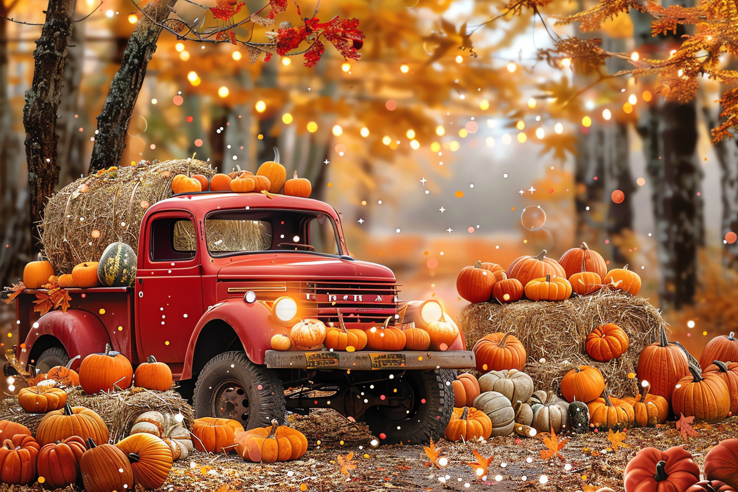 Fall Photography Backdrop Truck Pumpkins Hay Forest Backdrop UK BRP10-258