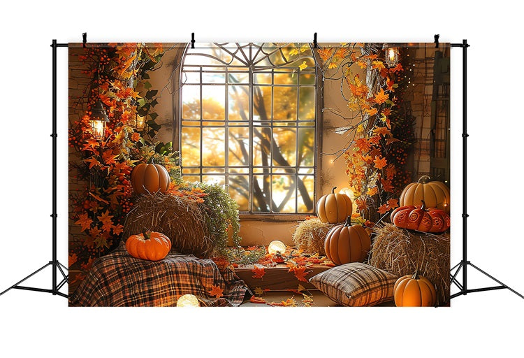 Fall Photoshoot Backdrop Window Pumpkins Hay Bales Backdrop UK BRP10-260