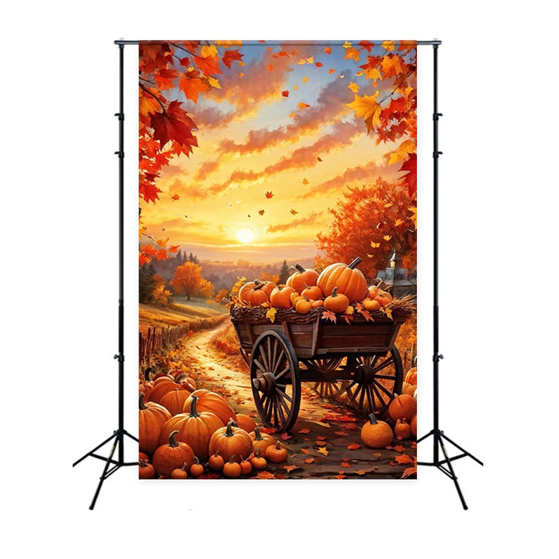 Fall Photography Backdrops Pumpkin Wagon Pathway Sunset Backdrop UK BRP10-264