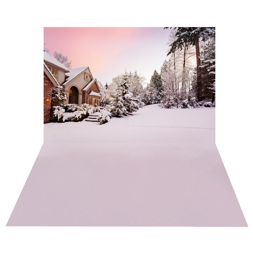 Winter Pink Sky House Backdrop+Snow-Covered Yard Floor Backdrop UK BRP10-455