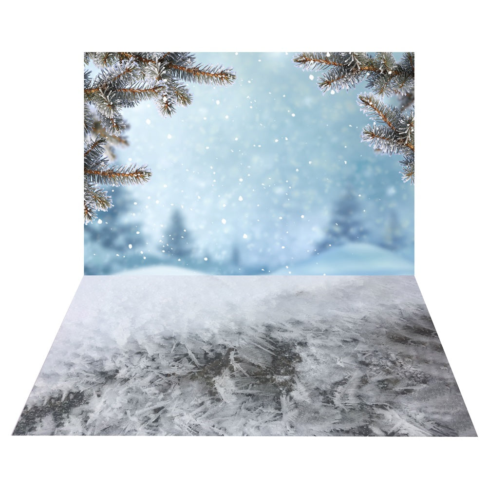 Winter Snowy Pine Tree Backdrop+Icy Ground Texture Floor Backdrop UK BRP10-462