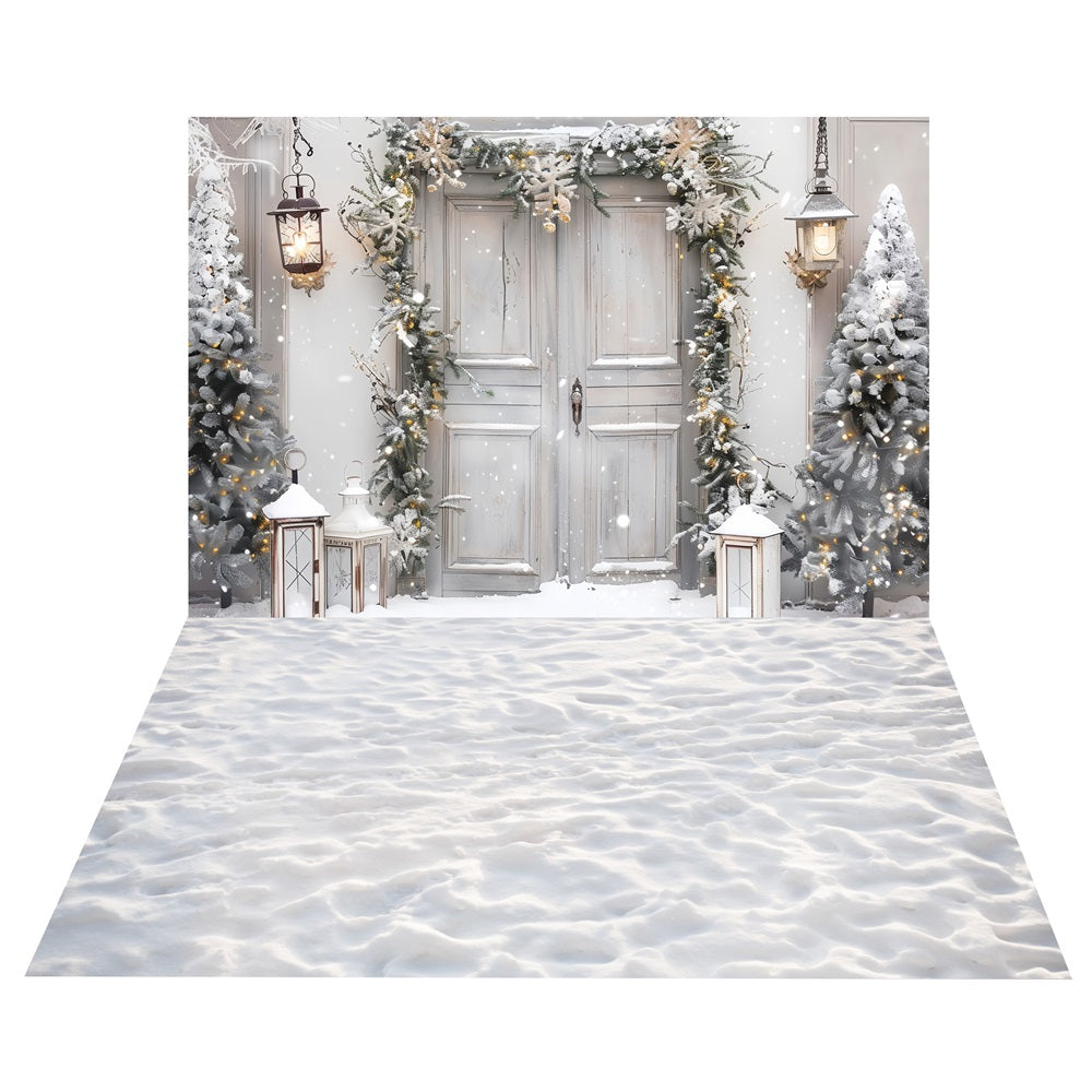 Winter Pine Decorated Door Backdrop+Snowy Walkway Floor Backdrop UK BRP10-469