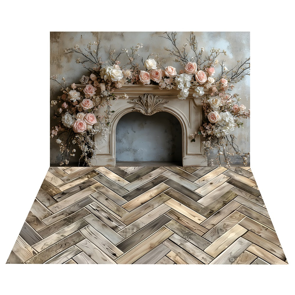 Flower Mantel Decor Backdrop+Herringbone Wood Floor Backdrop UK BRP10-502