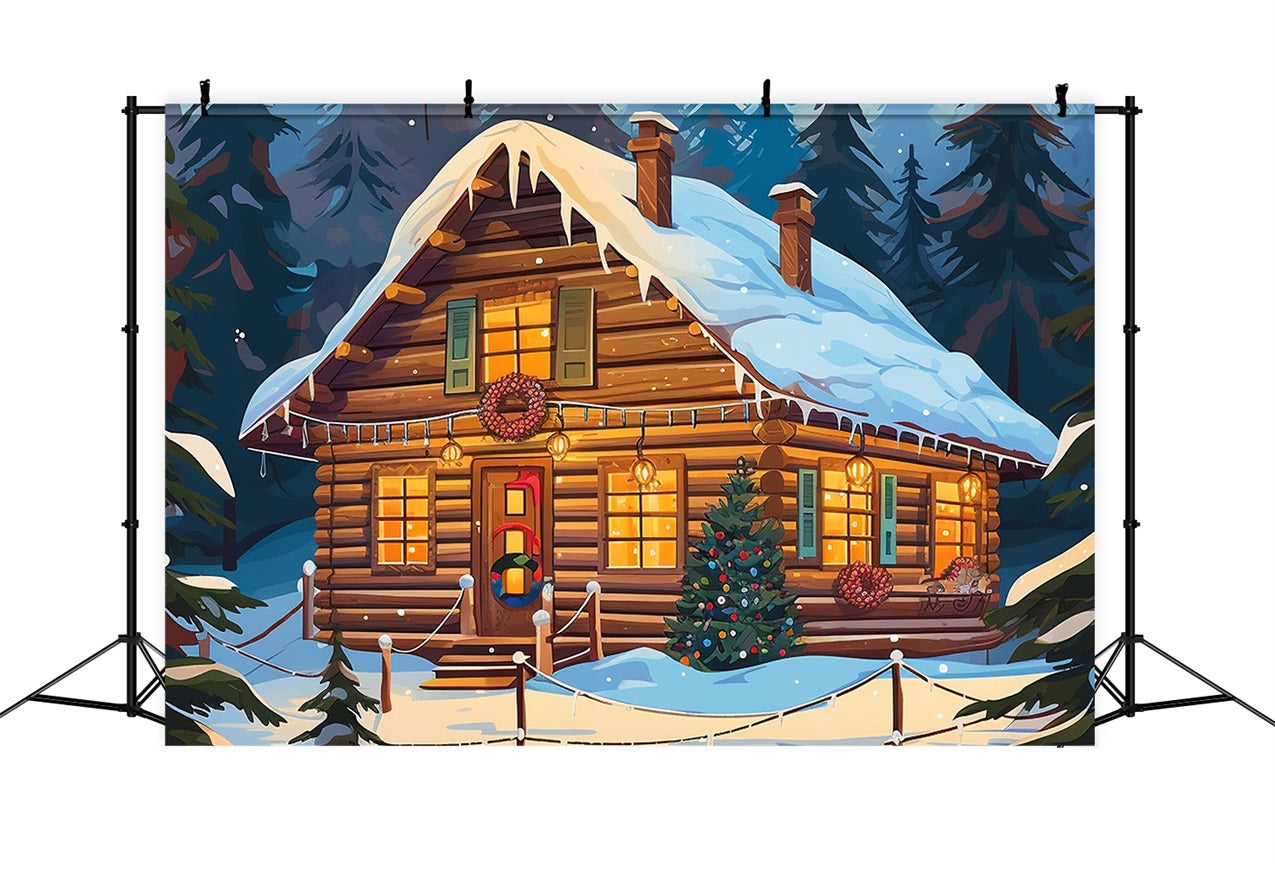 Christmas Photo Backdrop Cabin Snowy Forest Backdrop UK BRP11-156