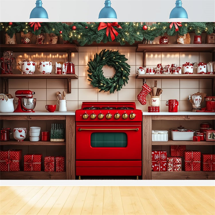 Christmas Backdrop Ideas Vintage Kitchen Stove Wreath Backdrop UK BRP11-191