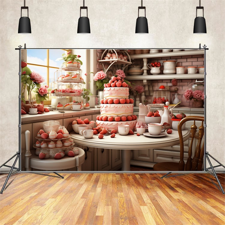 Valentine Backdrop Photography Strawberry-Laden Dessert Table Backdrop UK BRP11-283