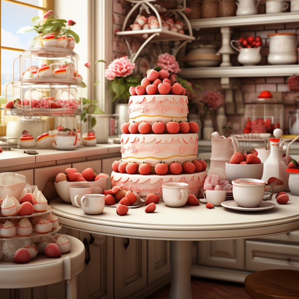 Valentine Backdrop Photography Strawberry-Laden Dessert Table Backdrop UK BRP11-283