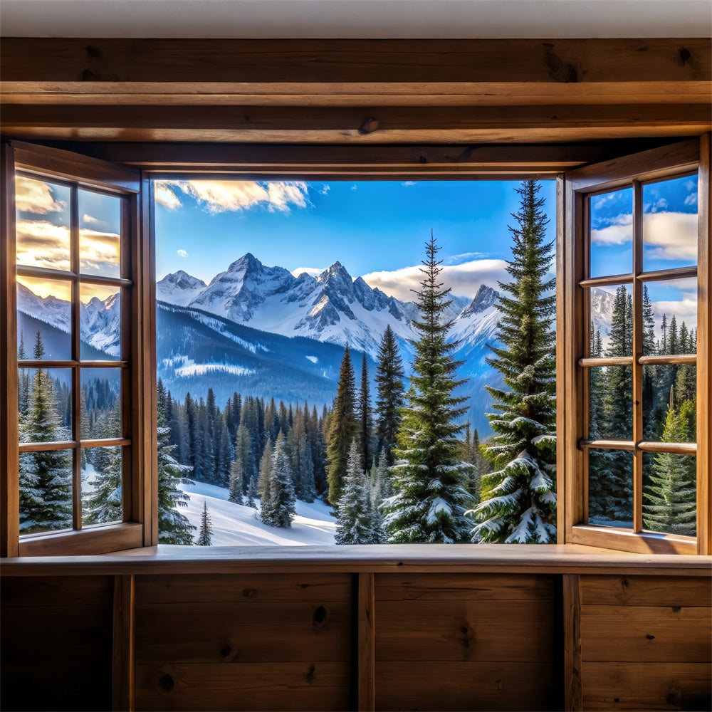 Winter Backdrop Majestic Snowy Mountain Peaks Window Backdrop UK BRP11-499
