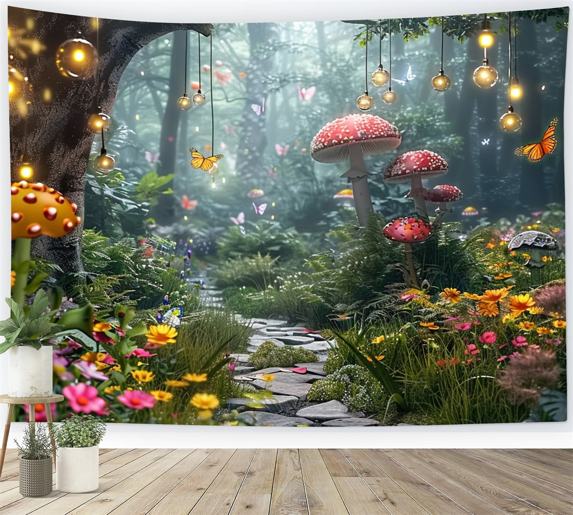 Spring Photo Backdrops Mushroom Forest Path Butterflies Backdrop UK BRP11-510
