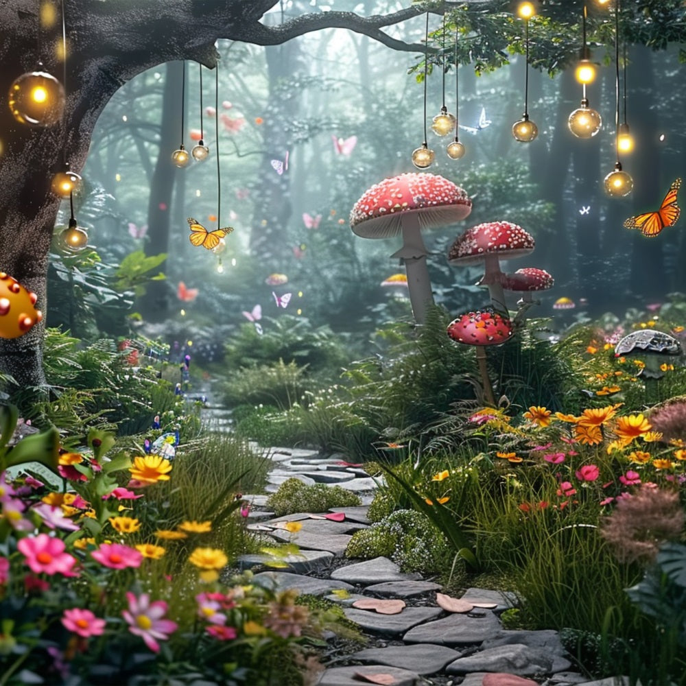 Spring Photo Backdrops Mushroom Forest Path Butterflies Backdrop UK BRP11-510