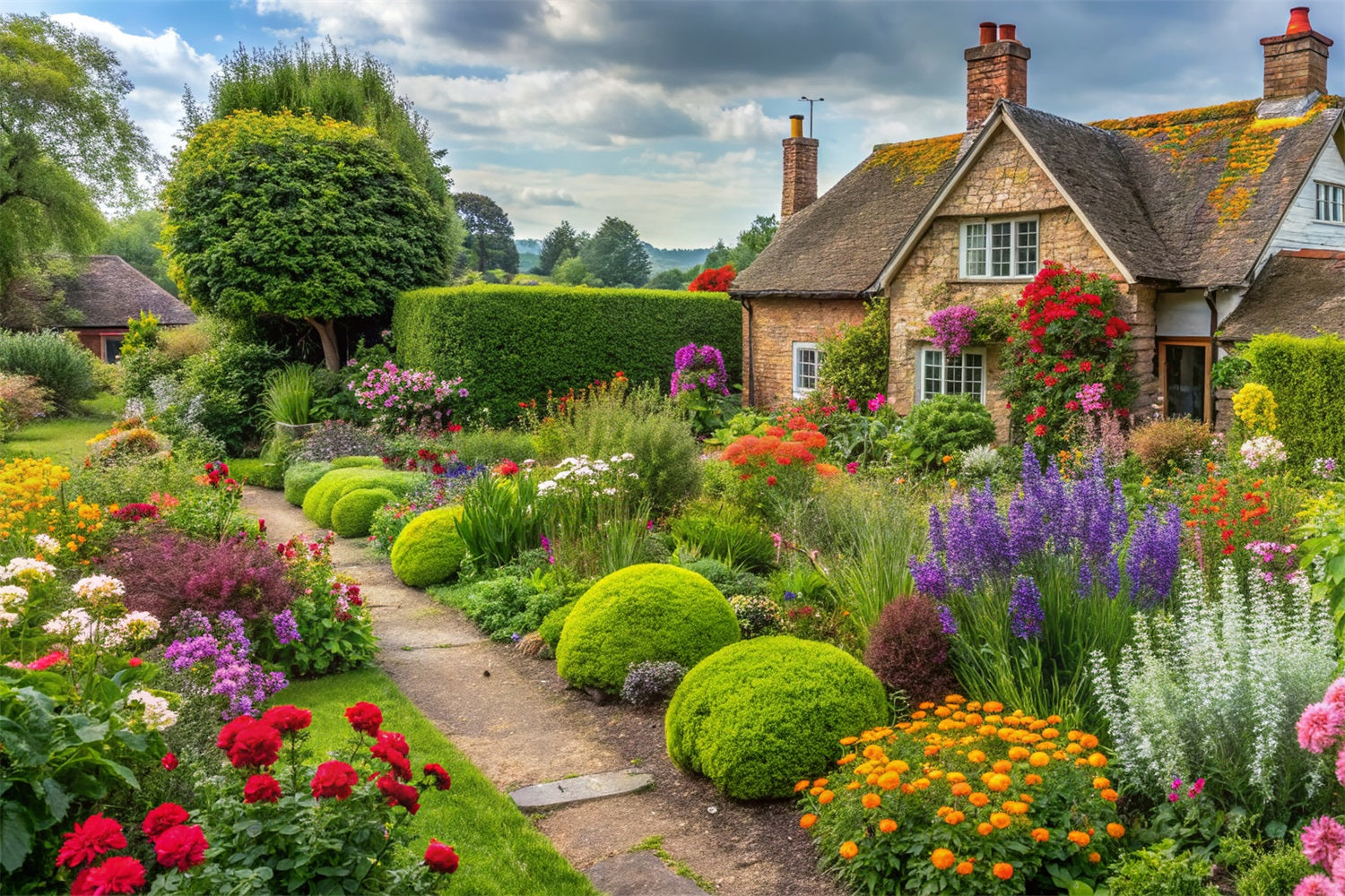 Spring Flower Backdrop Cottage Surrounded Blooming Garden Backdrop UK BRP11-543