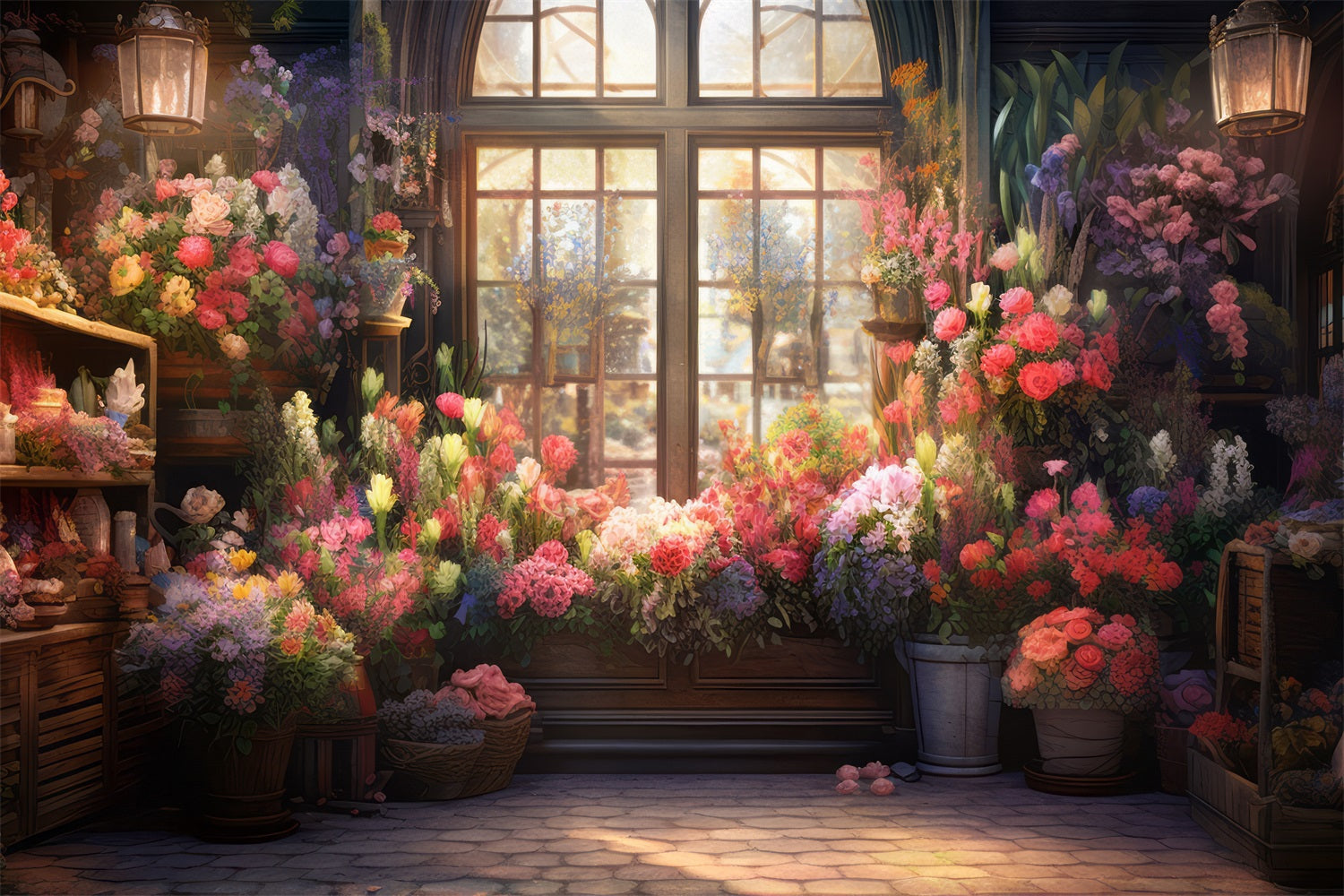 Photo Backdrop Spring Window View Colorful Flowers Backdrop UK BRP11-544