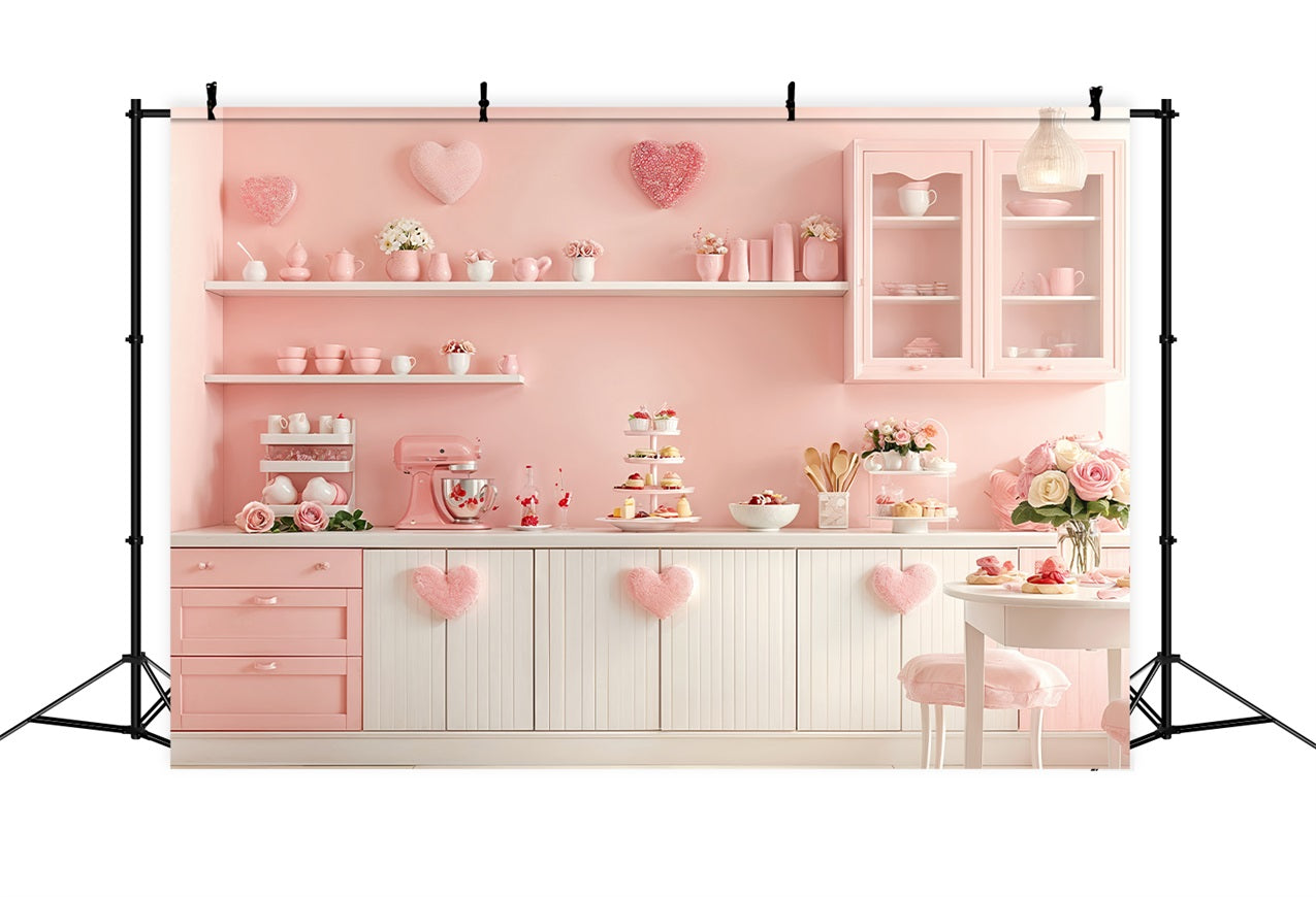 Valentine's Photo Backdrop Pink Kitchen Heart Shelves Backdrop UK BRP12-239