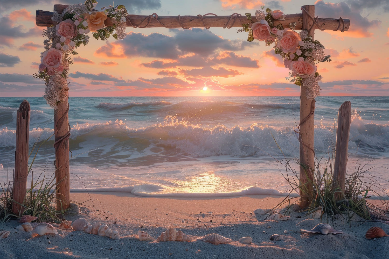 Wedding Backdrop Photography Sunset Beach Floral Arch Backdrop UK BRP12-381