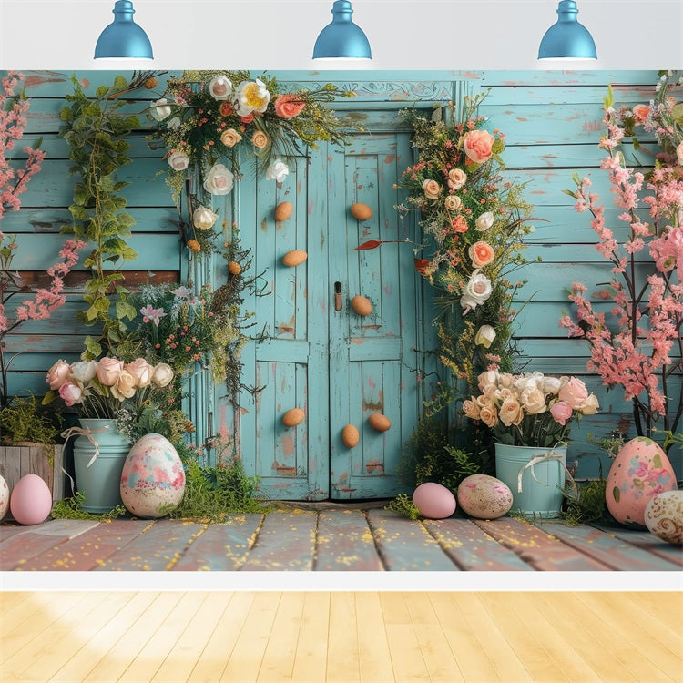 Easter Backdrop Light Blue Door Vibrant Floral Backdrop UK BRP12-409