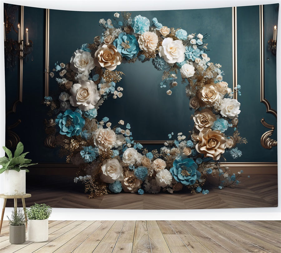 Maternity Backdrop Blue Gold White Floral Wreath Backdrop UK BRP12-43