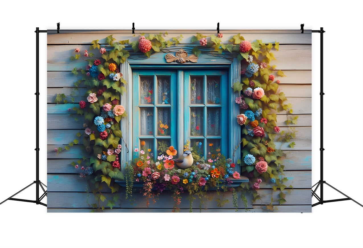 Spring Backdrop Rustic Blue Window Blooming Flowers Backdrop UK BRP12-475