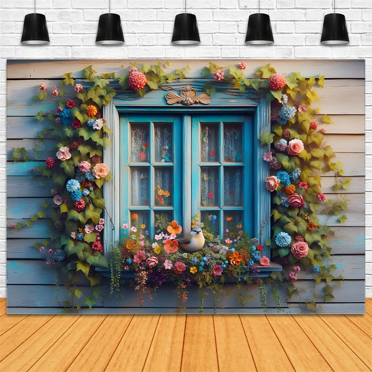 Spring Backdrop Rustic Blue Window Blooming Flowers Backdrop UK BRP12-475