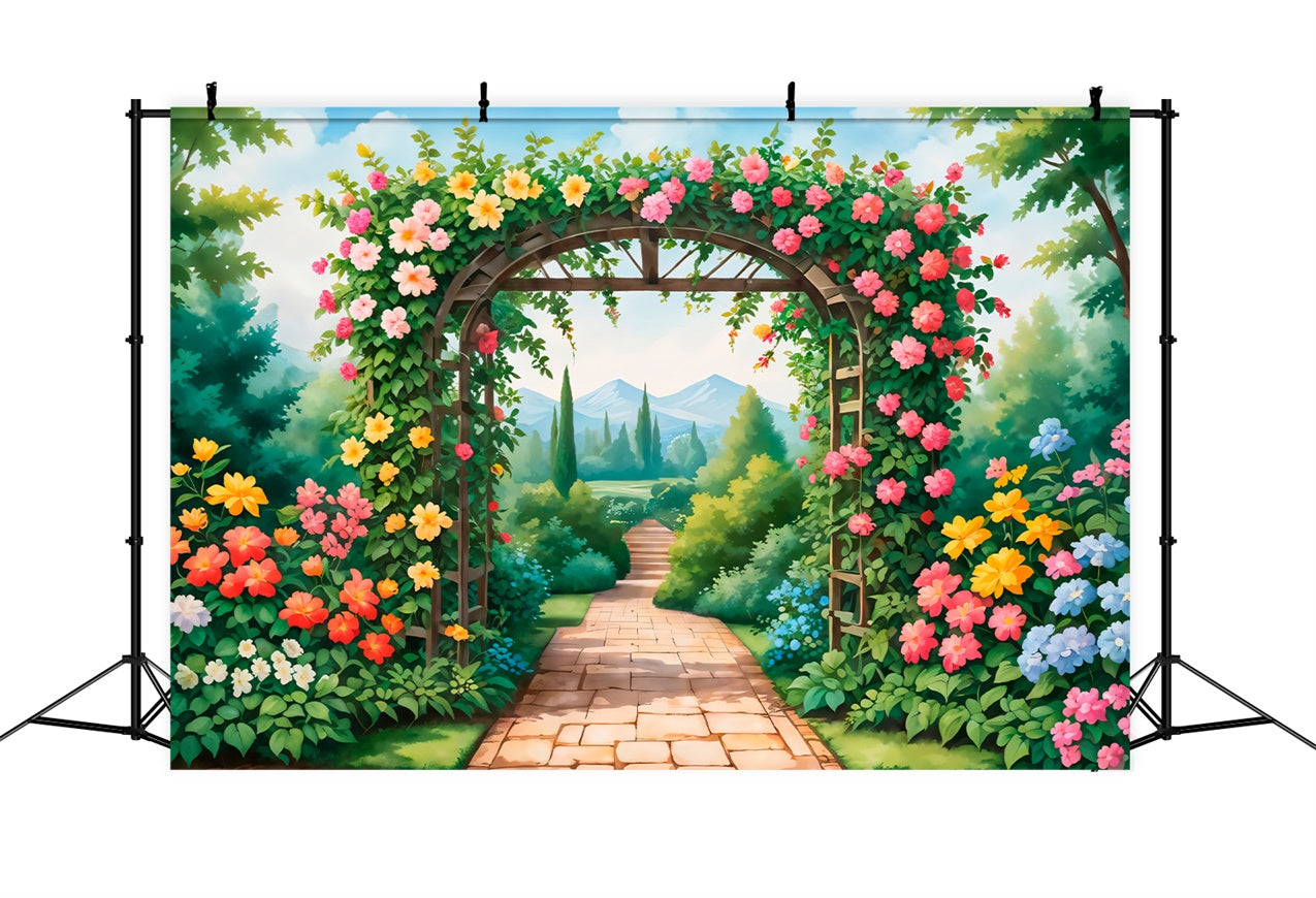 Backdrops Spring Blooming Garden Path Vibrant Flowers Backdrop UK BRP12-476