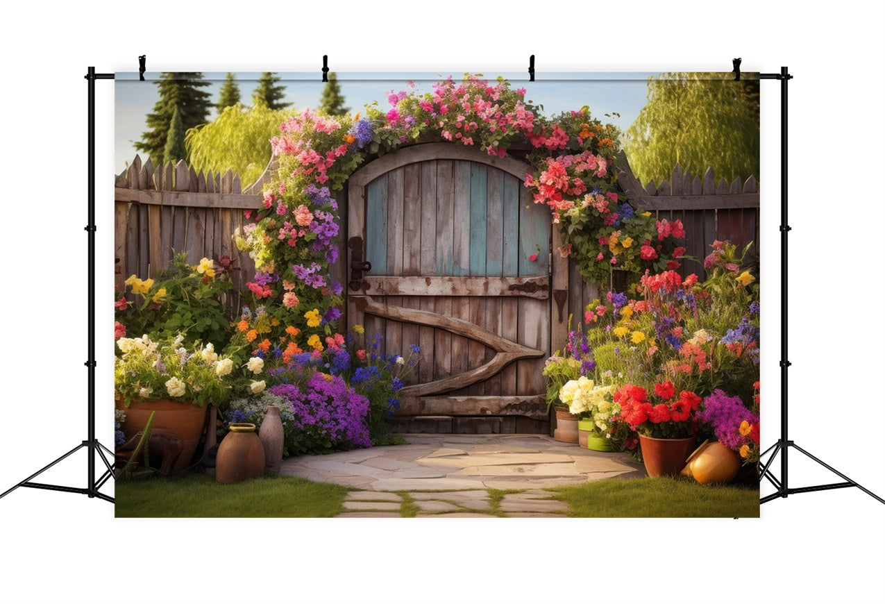 Spring Backdrop Rustic Wooden Gate Colorful Flower Backdrop UK BRP12-483