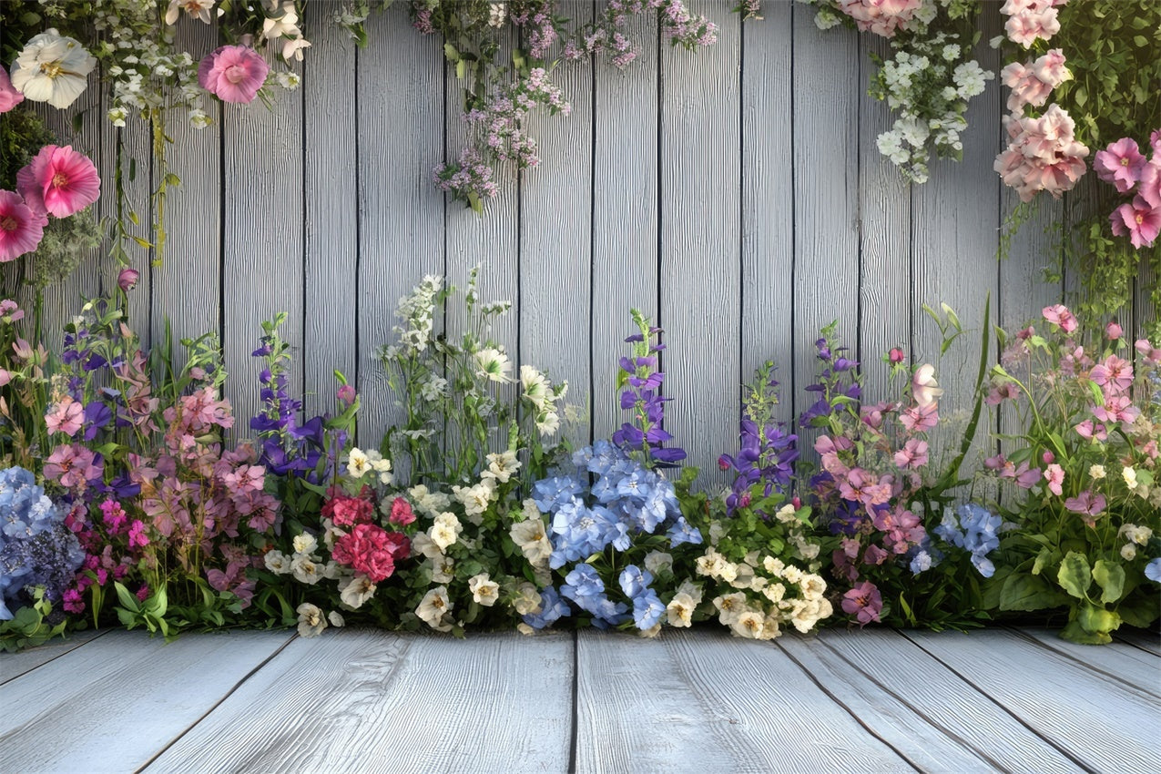 Spring Backdrop Photography Blue Wooden Wall Blooms Backdrop UK BRP12-497