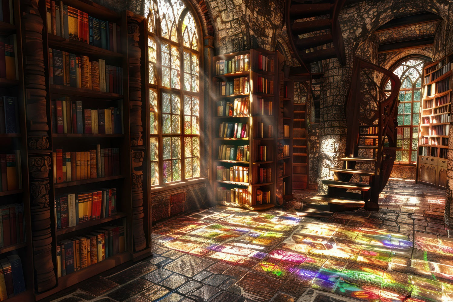 Architecture Backdrop Sunlit Gothic Library Stained Backdrop UK BRP12-650