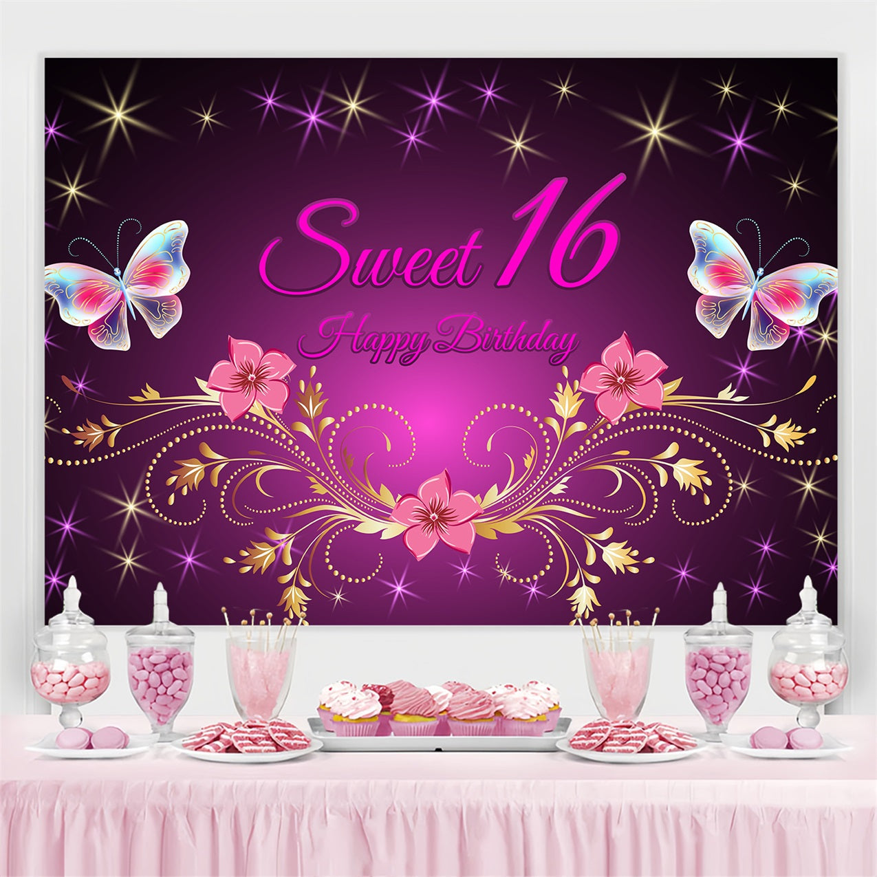 Custom Backdrop Birthday Purple Gold Floral Sweet 16 Backdrop UK BRP2-226