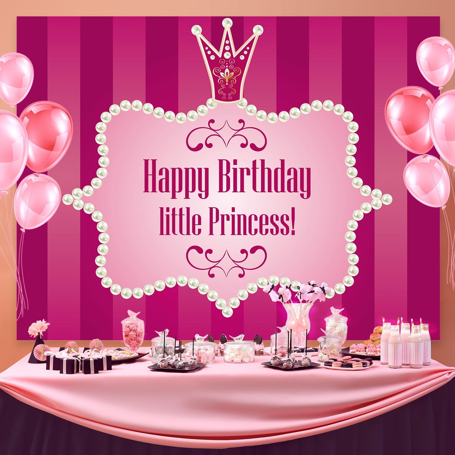 Personalized Birthday Photo Backdrop Pink Pearl Crown Backdrop UK BRP3-46