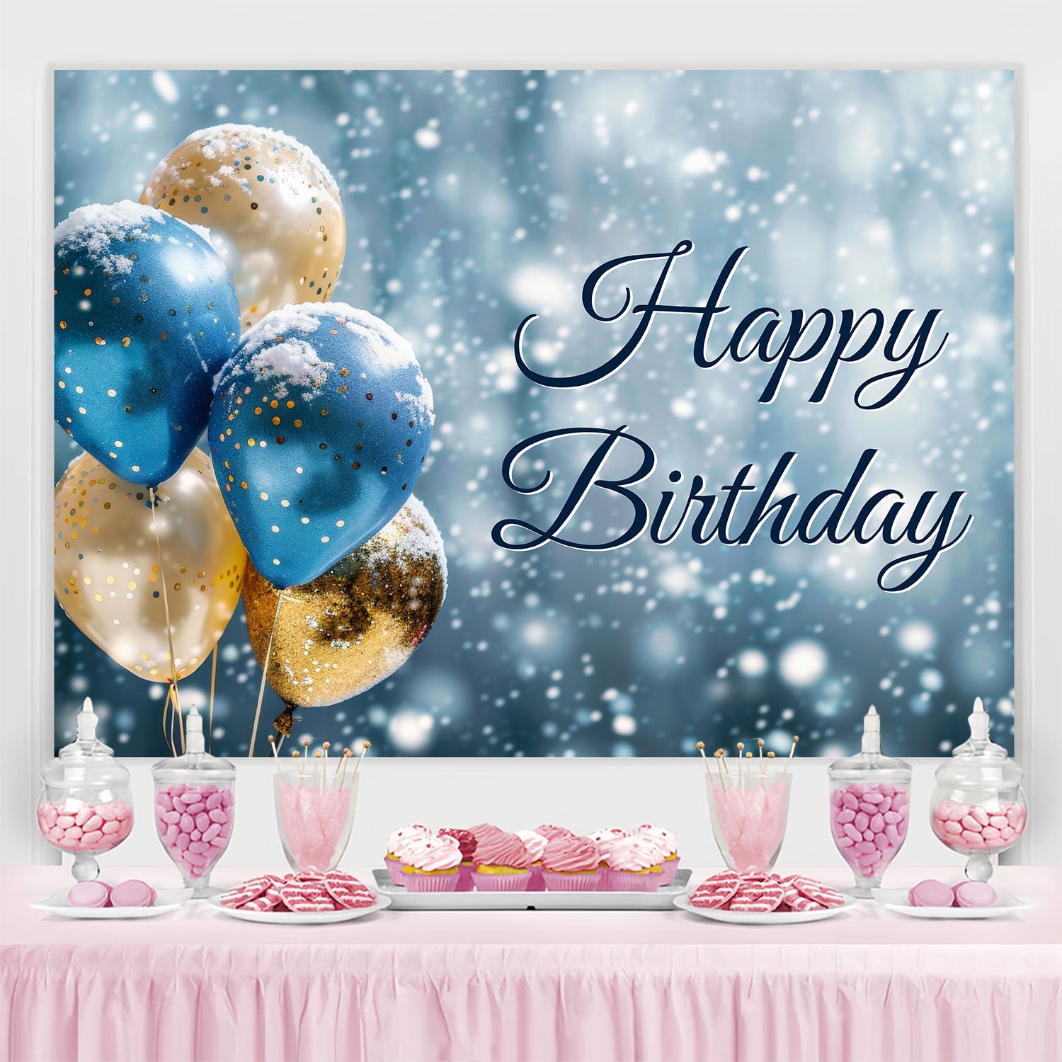 Custom Birthday Backdrops Winter Wonderland Balloons Backdrop UK BRP3-68