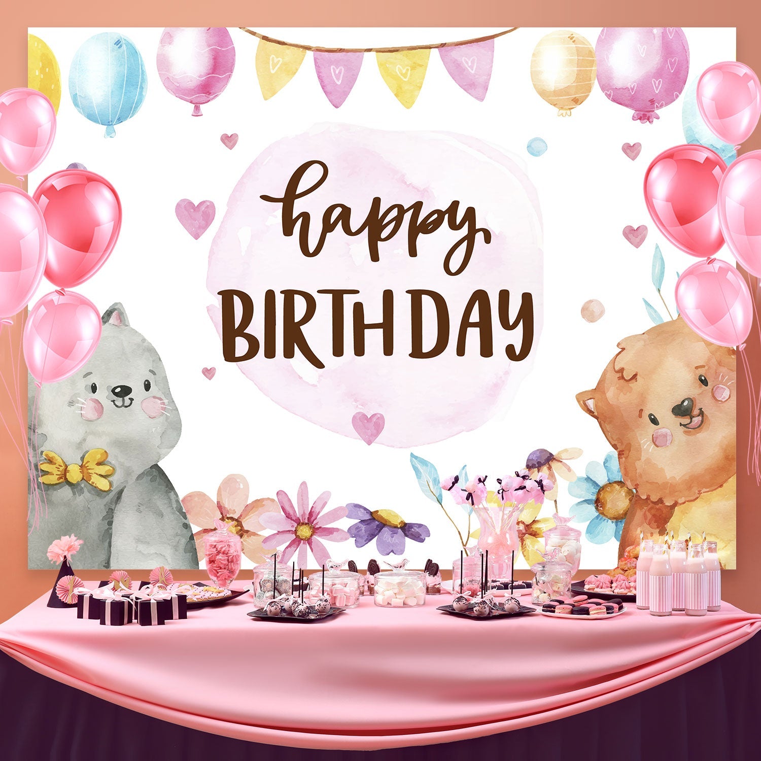 Birthday Backdrop Personalized Watercolor Cute Animals Backdrop UK BRP3-74