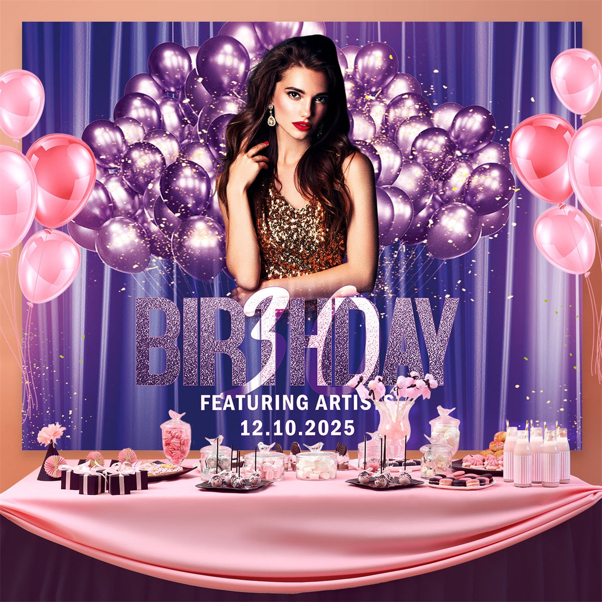 Custom Happy Birthday Backdrop Luxury Purple Balloon Backdrop UK BRP3-78