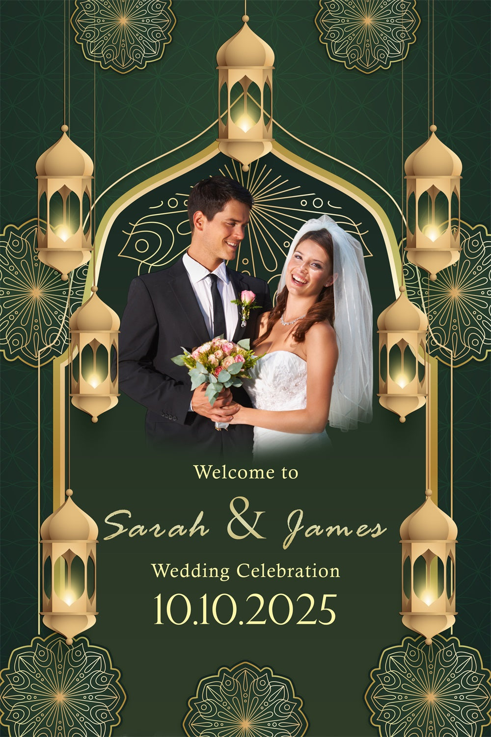 Elegant Wedding Backdrop Mosque Gold Lantern Personalised Backdrop UK BRP4-125