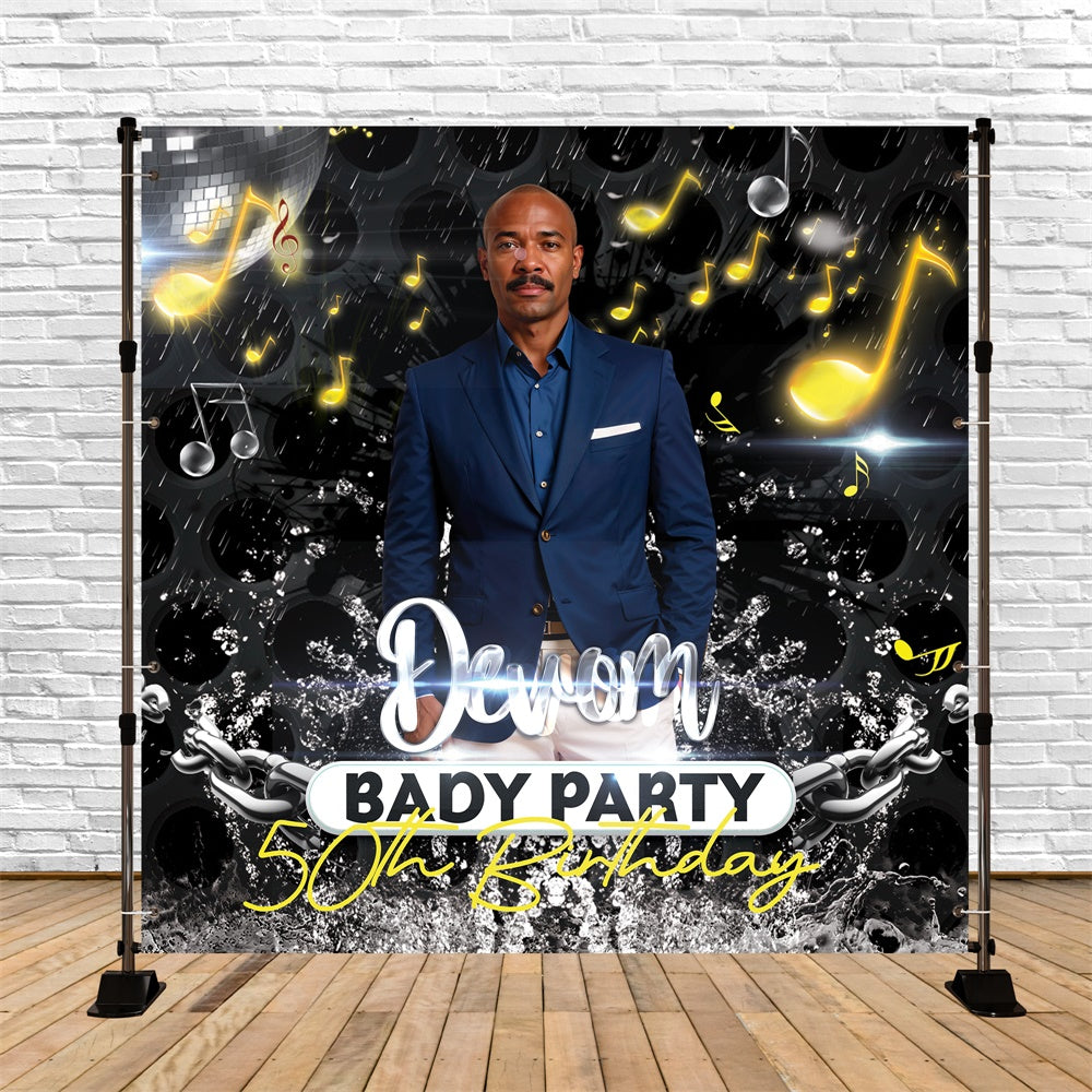 Customized Birthday Backdrop 50th Golden Notes Music Theme Backdrop UK BRP5-108