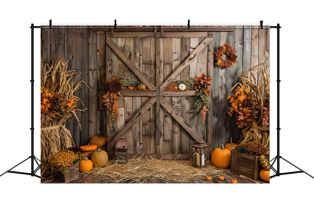 Autumn Pumpkin Brown Wooden Barn Door Backdrop UK BRP7-164