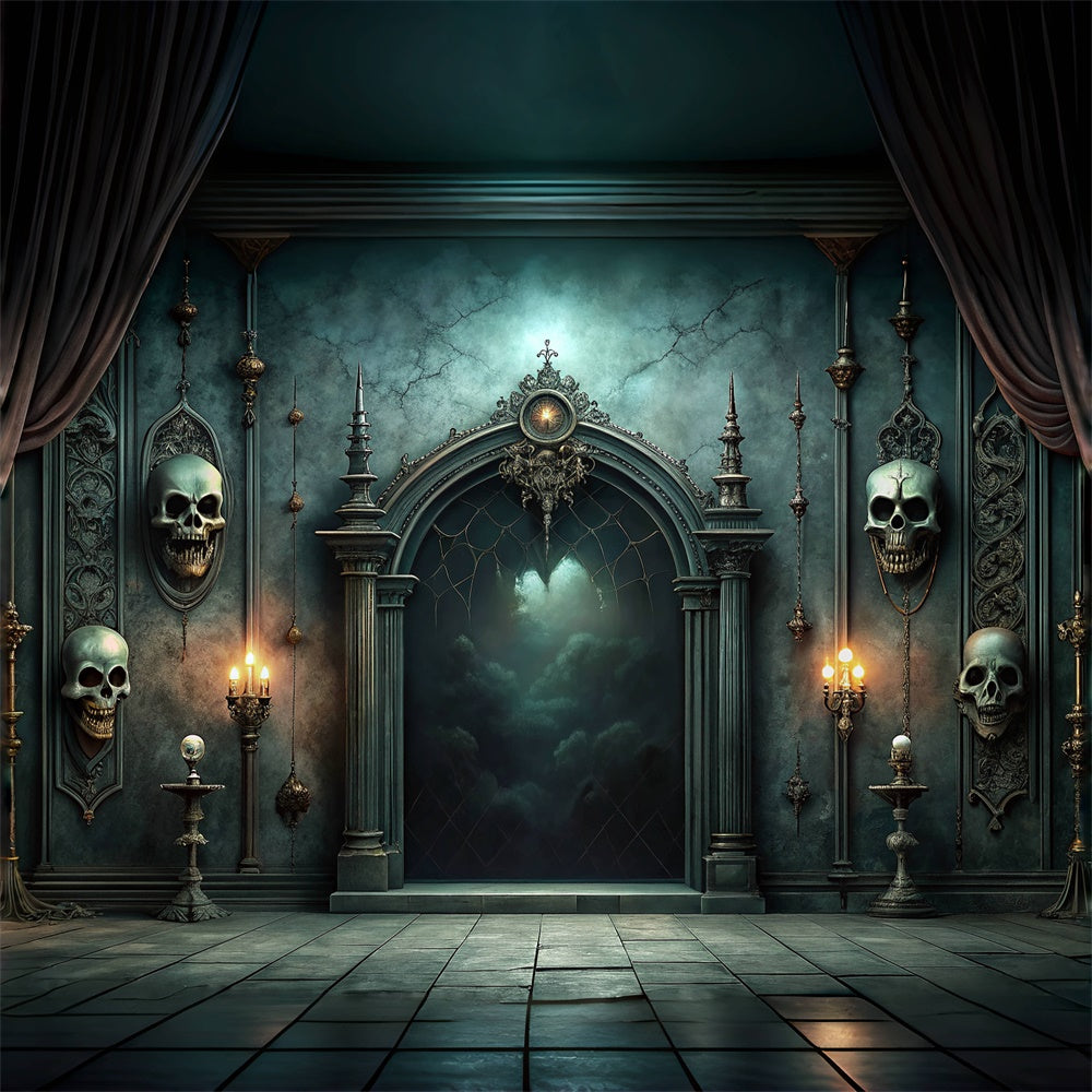 Halloween Creepy Skull Hall and Candlelit Backdrop UK BRP8-215