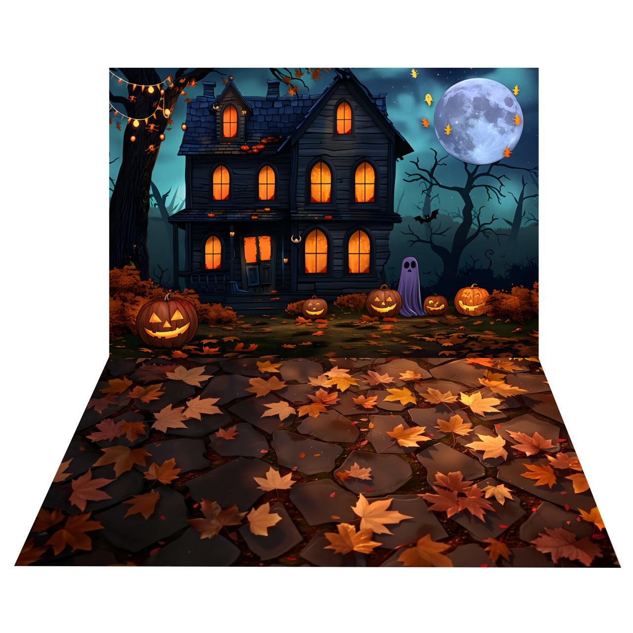 Full Moon Haunted House Backdrop + Leaf-Strewn Path Floor Backdrop BRP8-385