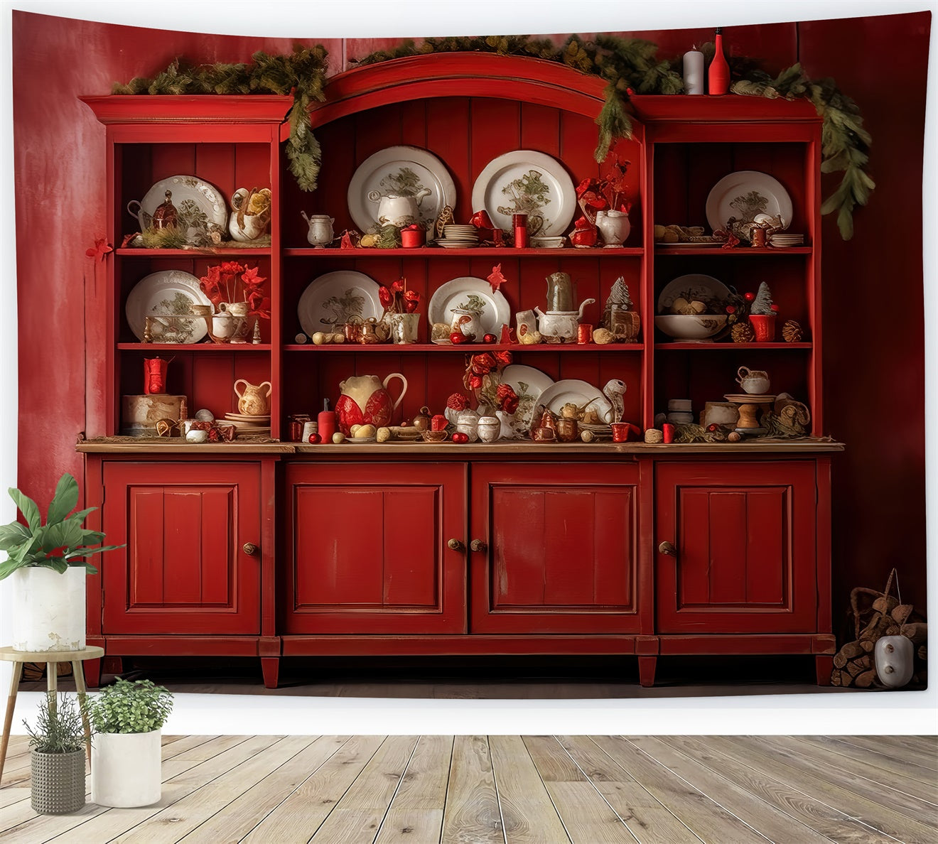 Christmas Vintage Red Kitchen Shelf Backdrop UK BRP8-99