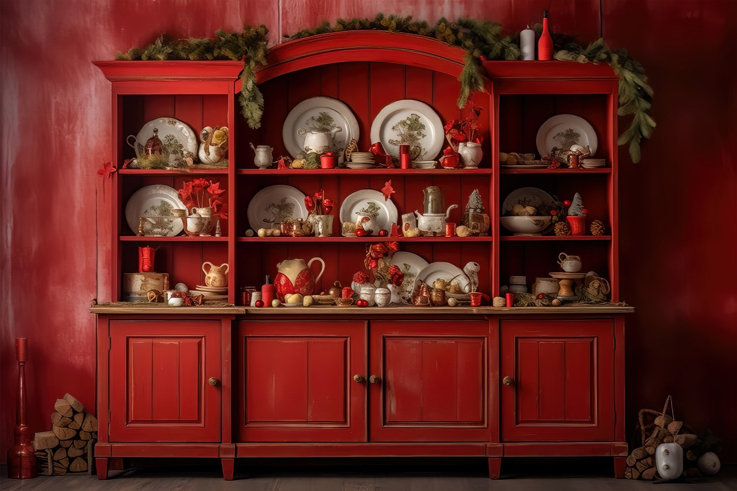 Christmas Vintage Red Kitchen Shelf Backdrop UK BRP8-99