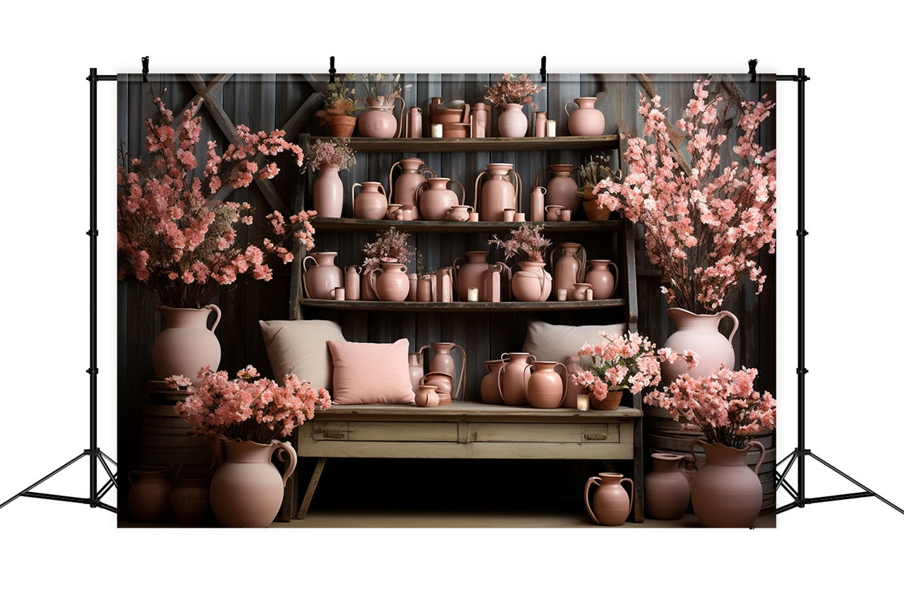 Cherry Blossom Decor Vintage Pink Pottery Backdrop UK BRP9-193