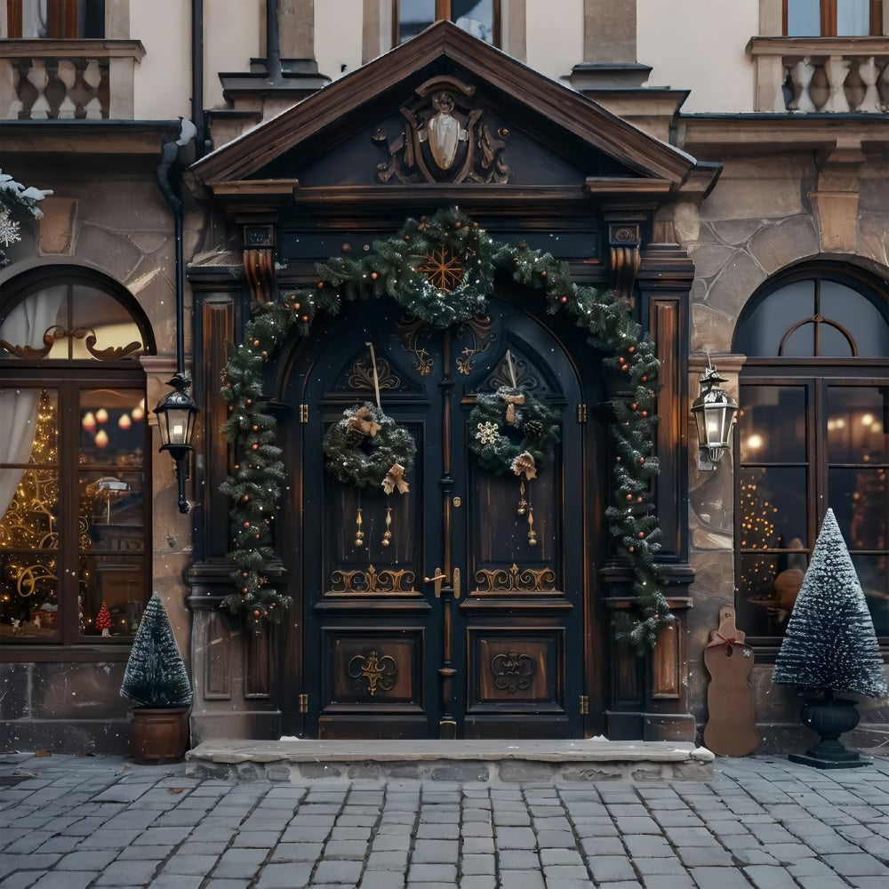 Classic Holiday Door with Christmas Wreath and Tree Backdrop UK BRP9-40