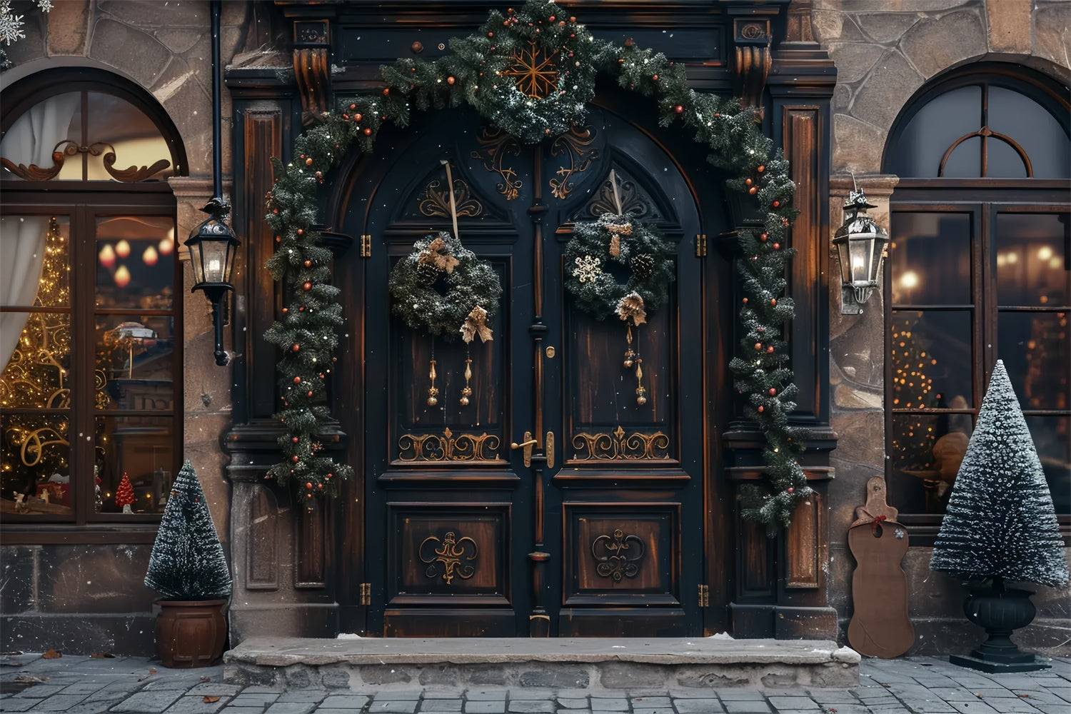 Classic Holiday Door with Christmas Wreath and Tree Backdrop UK BRP9-40