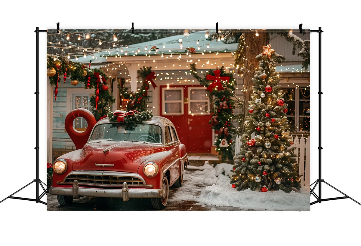 Christmas House with Red Vintage Car Backdrop UK BRP9-43