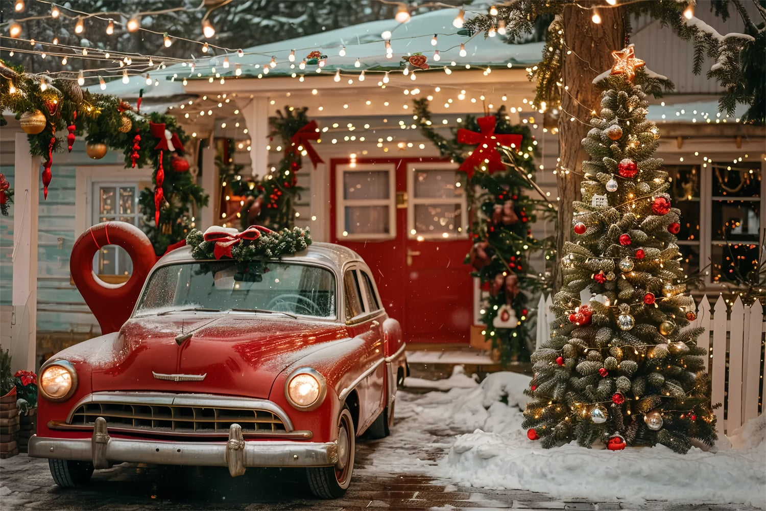 Christmas House with Red Vintage Car Backdrop UK BRP9-43