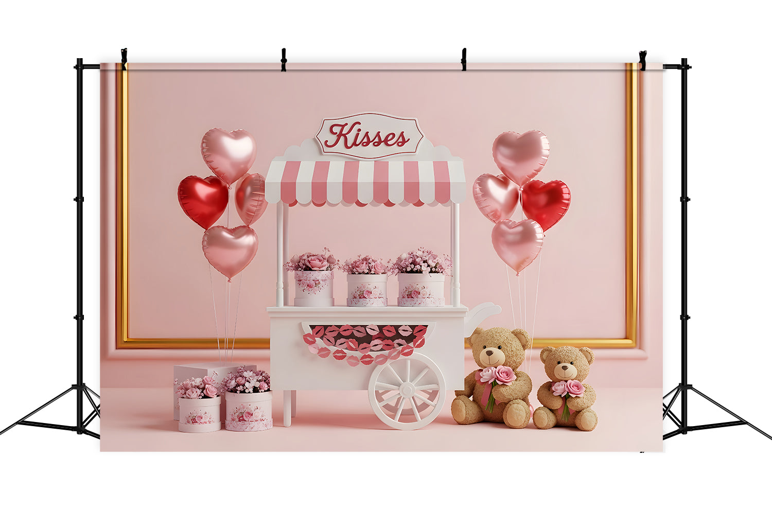 Valentine's Backdrops Kisses Cart Floral Romance Pink Valentines Backdrop UK By Magali