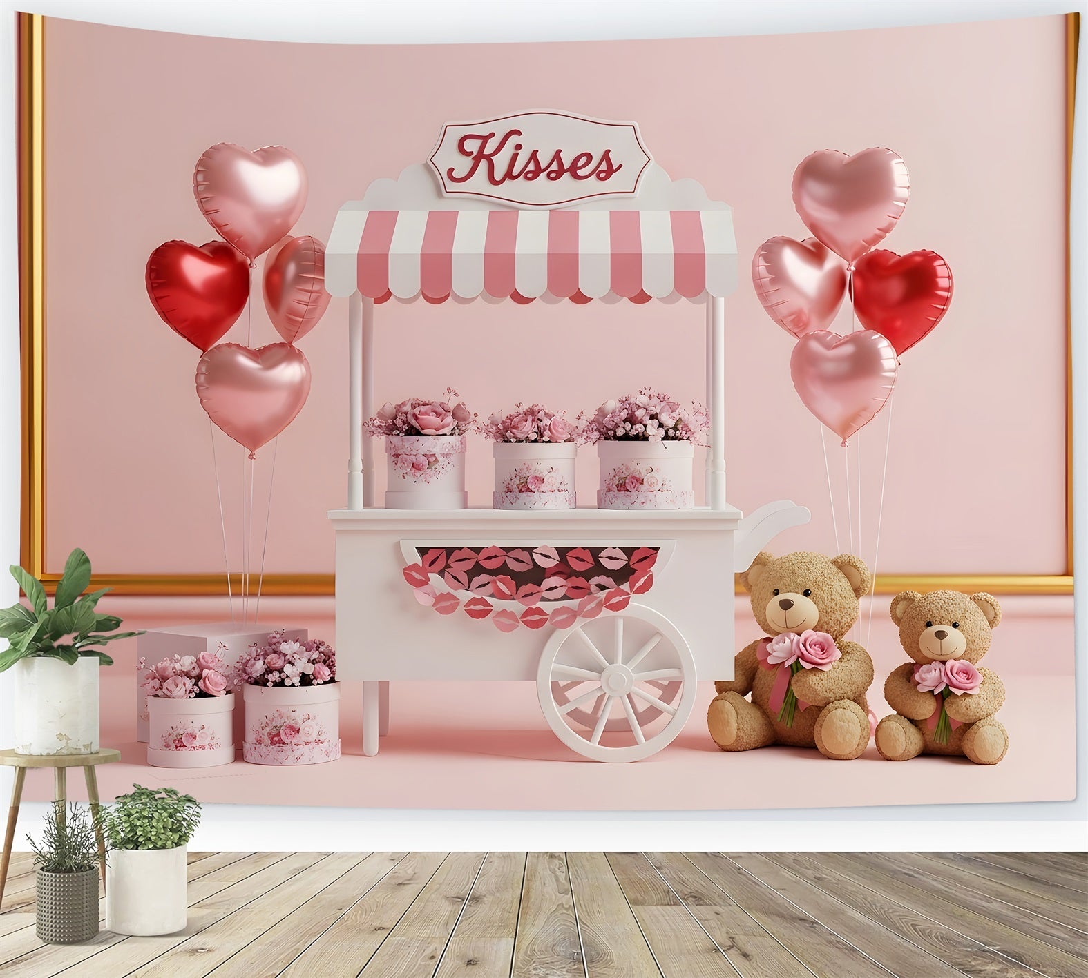 Valentine's Backdrops Kisses Cart Floral Romance Pink Valentines Backdrop UK By Magali