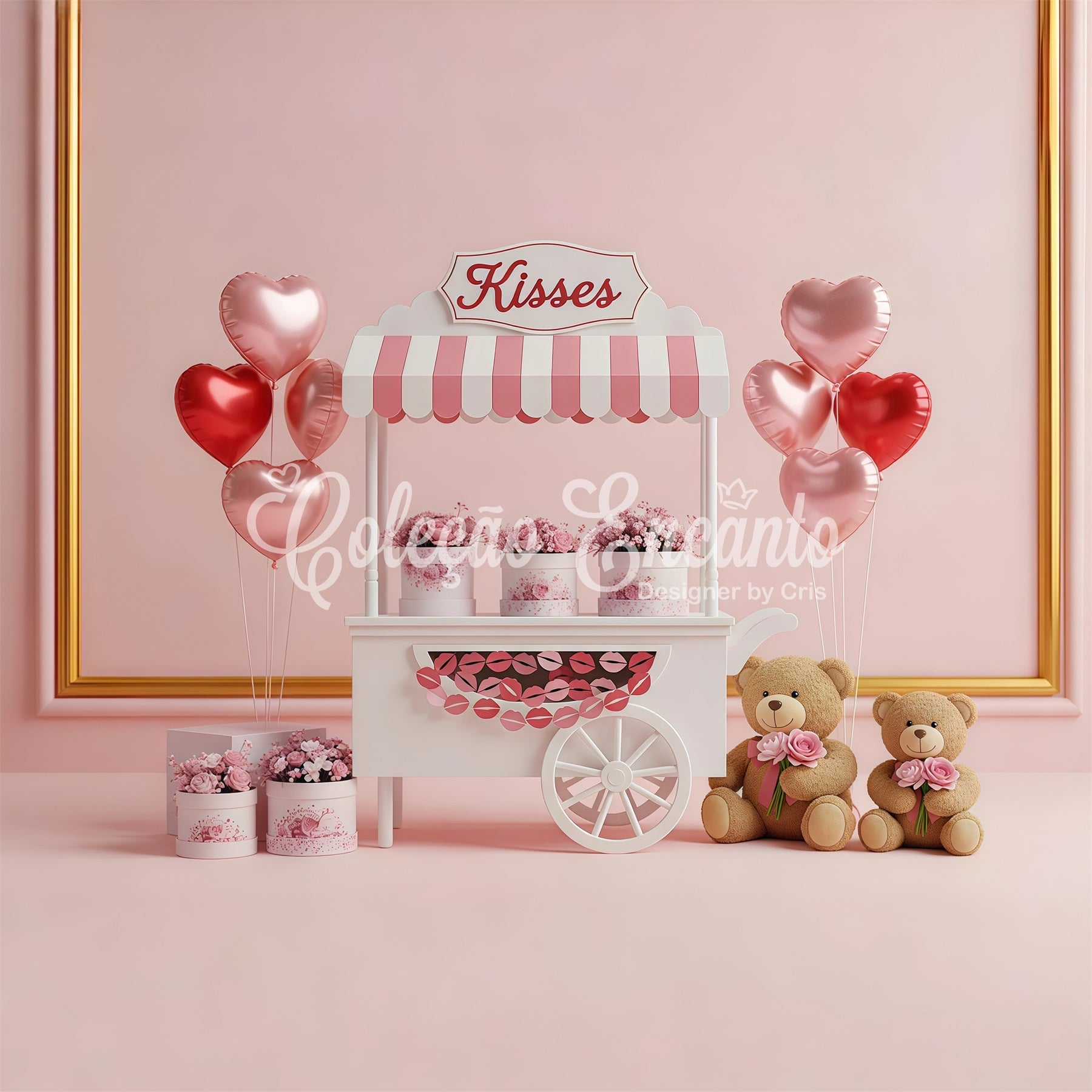 Valentine's Backdrops Kisses Cart Floral Romance Pink Valentines Backdrop UK By Magali