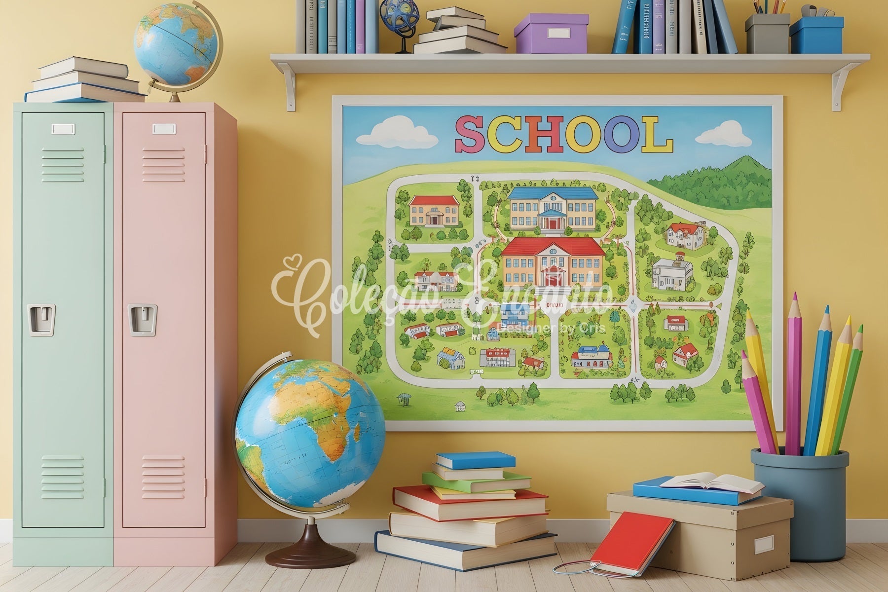 Back To School Photo Backdrop Bright Campus Map School Locker Backdrop UK By Magali